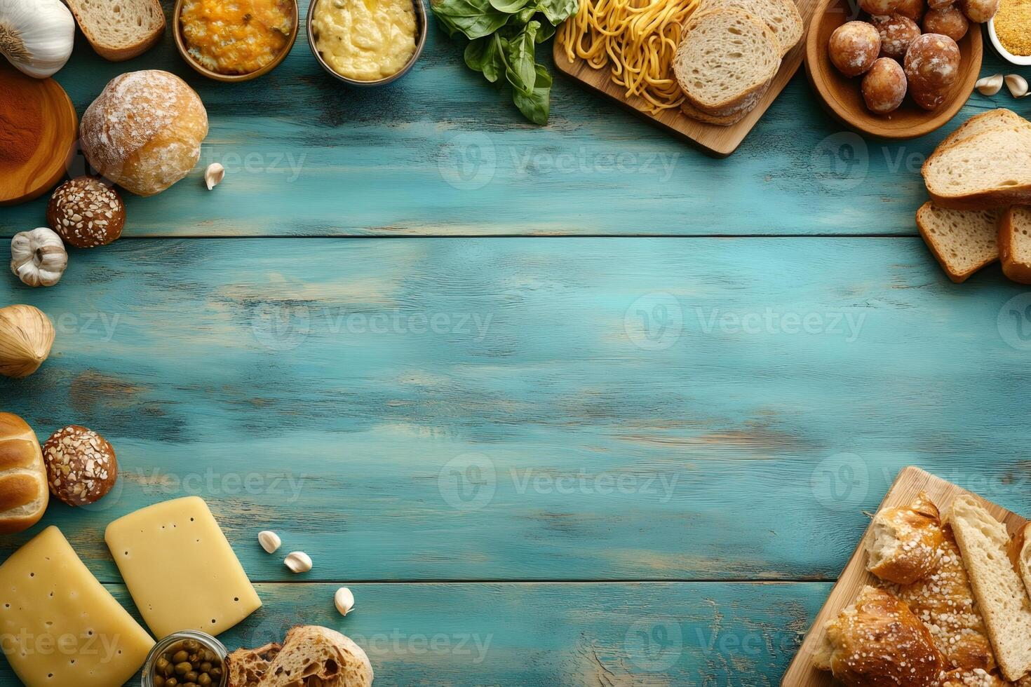 Carbohydrates frame creating copy space on rustic table photo