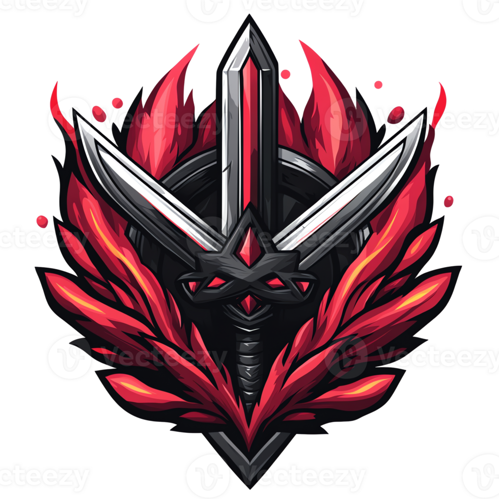 Illustration - Flaming Swords and Shield Emblem, fantasy, game, warrior, battle, power, red, black, metal, fire png
