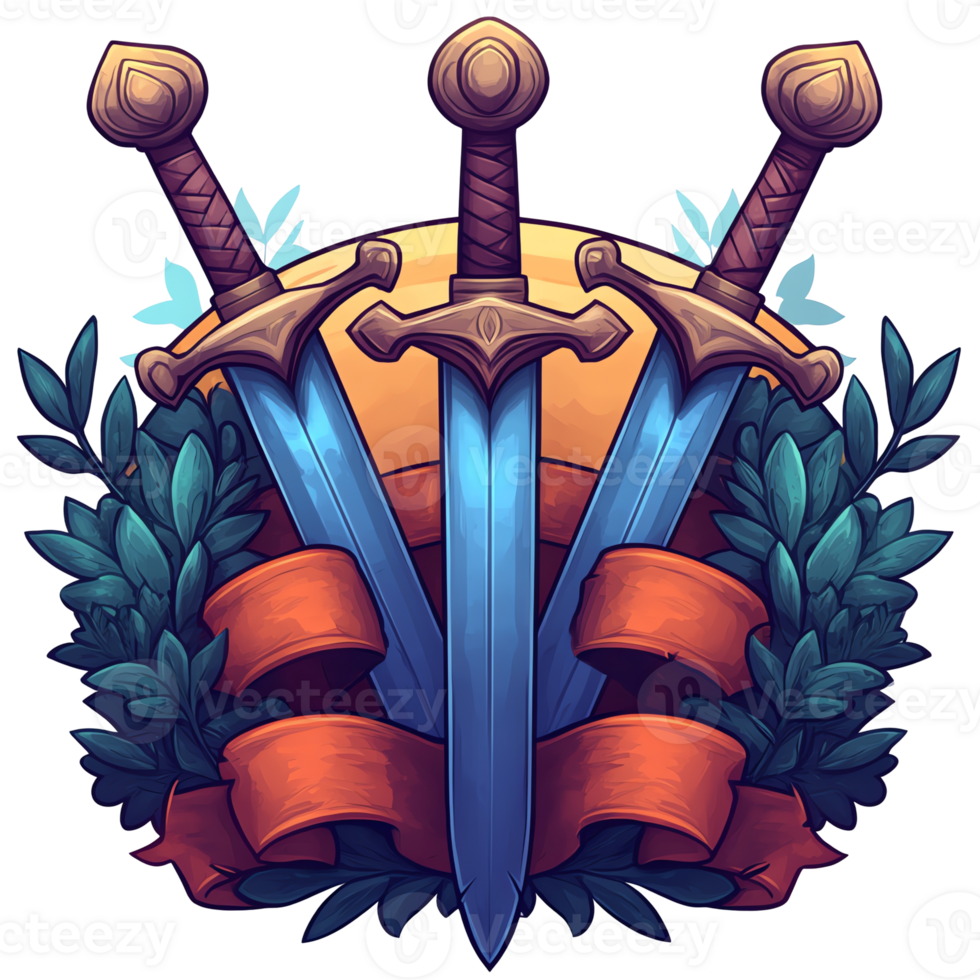 Elegant crossed swords emblem with ribbon and olive branches on transparent background 100 200 characters png