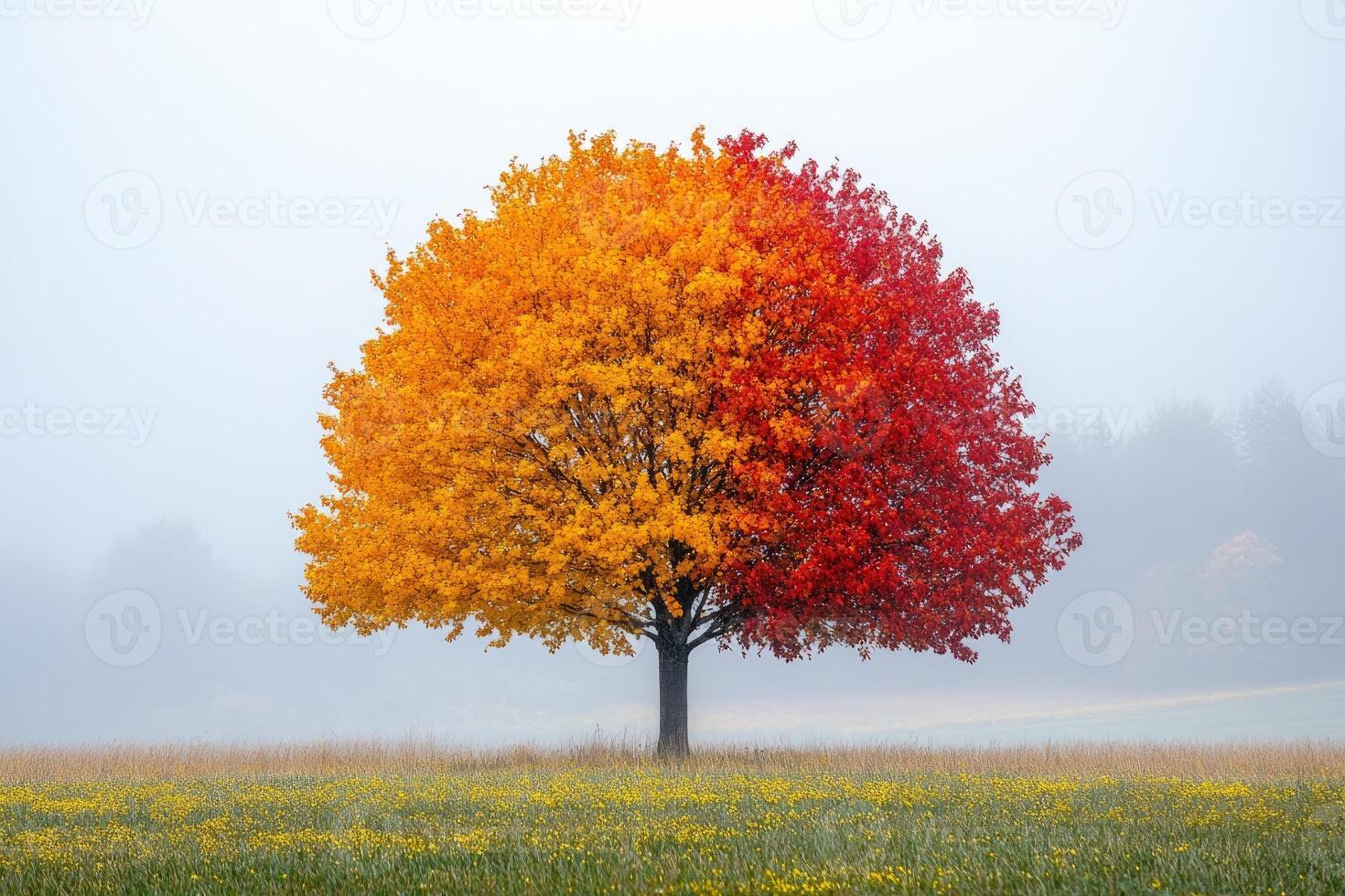 Lonely colorful tree showing autumn colors in misty landscape photo
