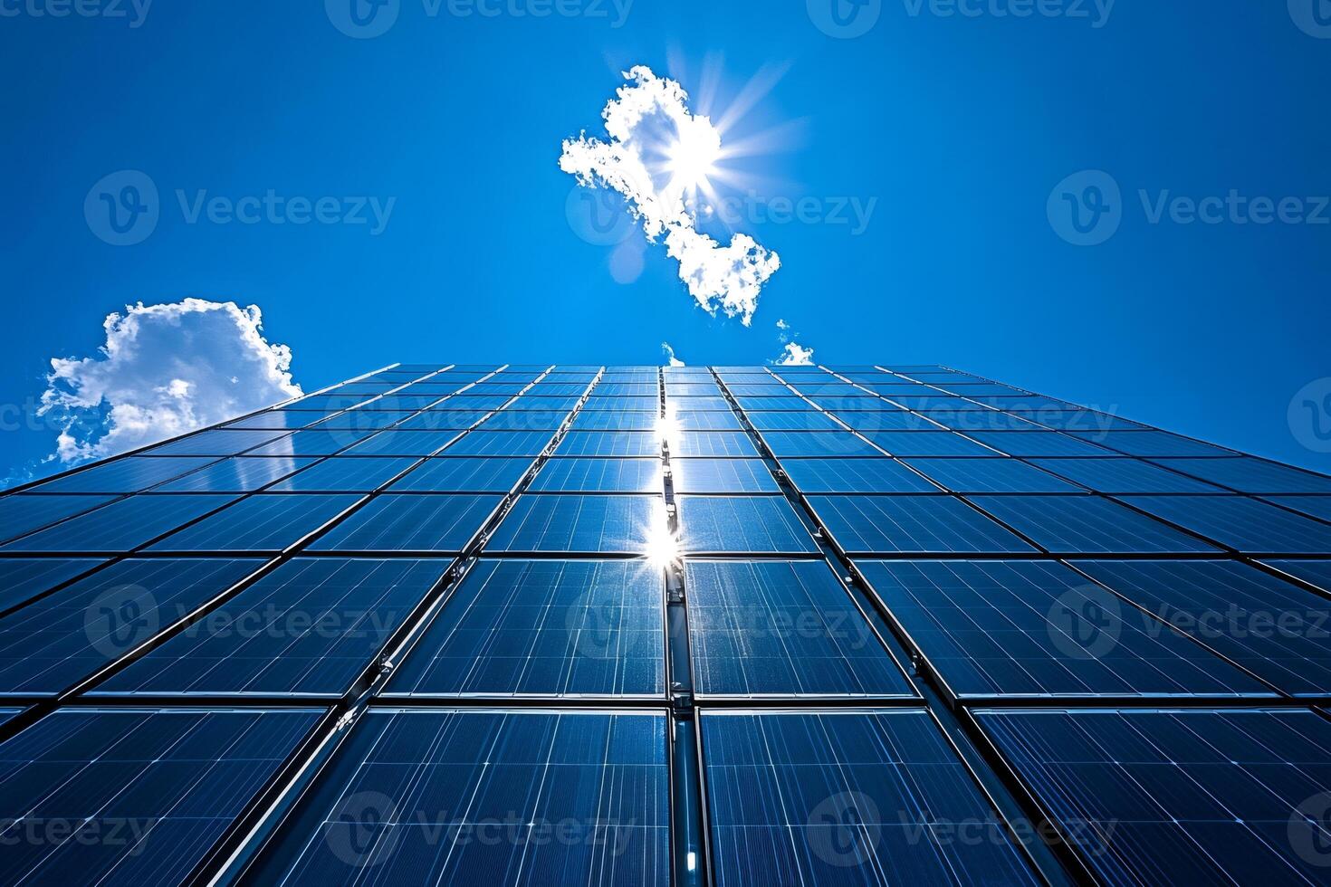 Solar panels converting sunlight into green energy on building facade photo