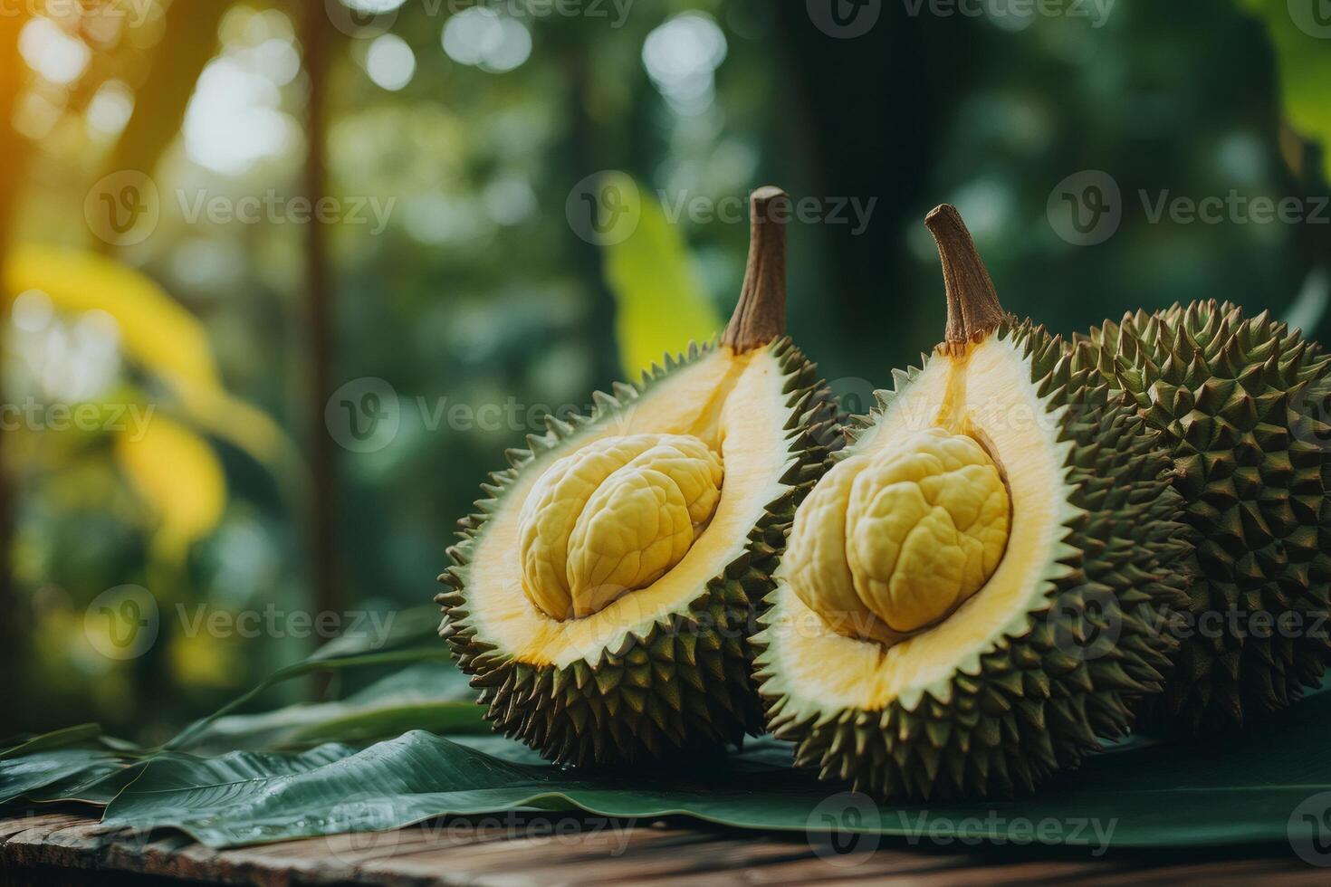 Ripe durian fruit showing its tasty yellow flesh on wooden table photo