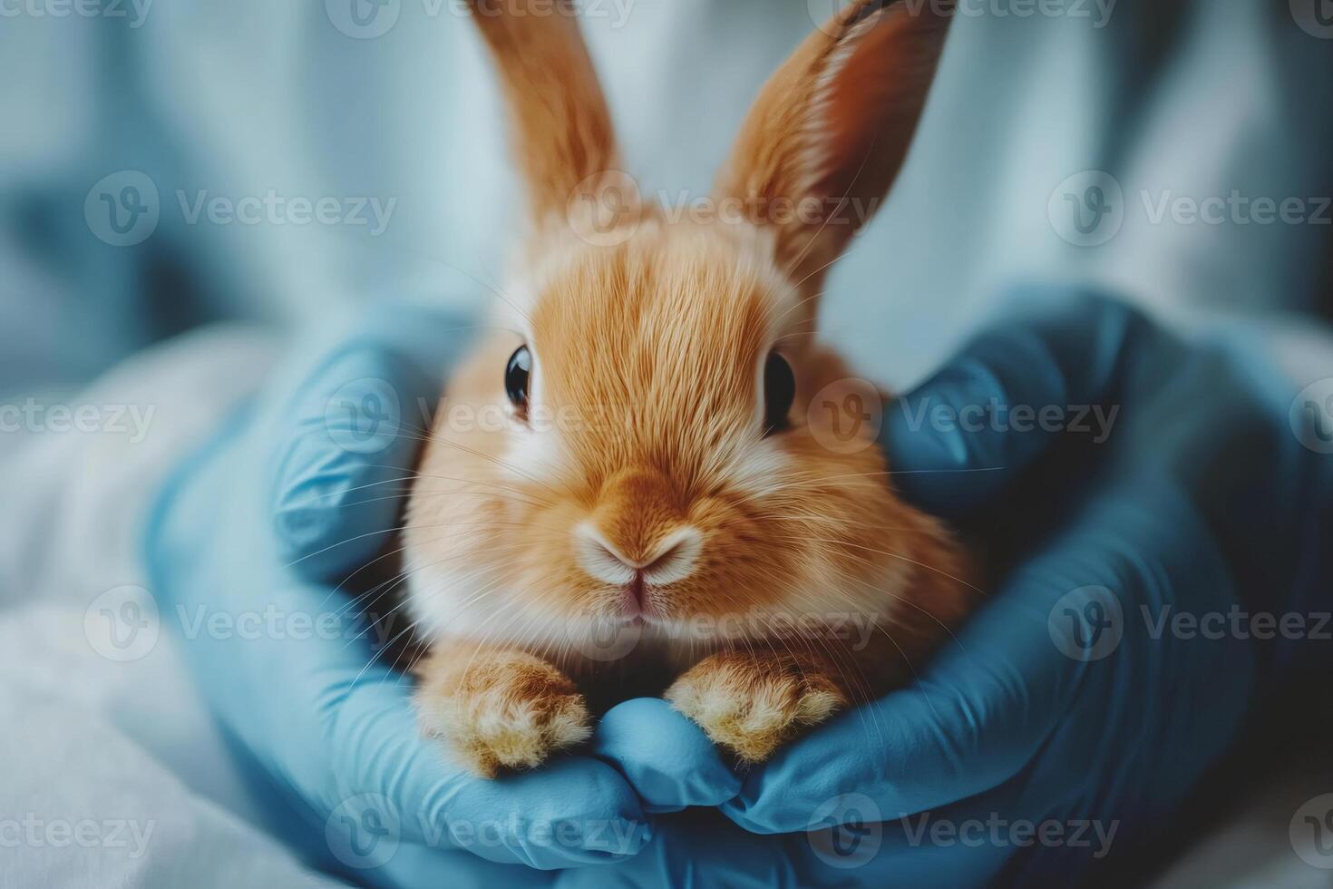Veterinarian holding cute brown bunny rabbit in veterinary clinic photo