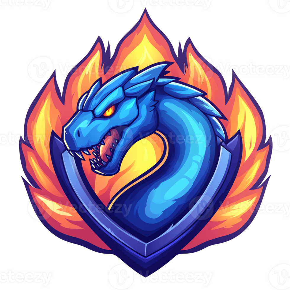 Illustration - Blue Dragon with Flames and Shield png