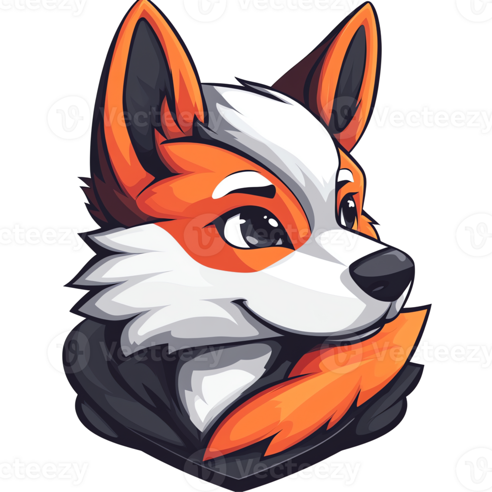 Cartoon fox portrait with orange fur and white stripe on a transparent background png