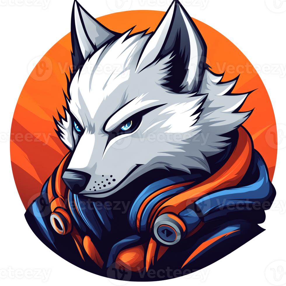 White wolf cartoon character with orange and blue jacket on transparent background png