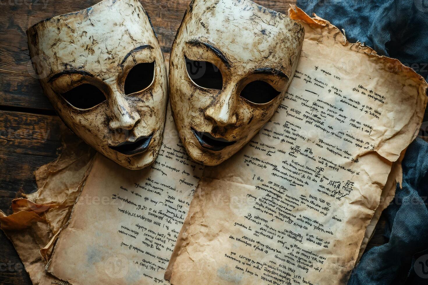 Two ancient theatre masks resting on old manuscript on wooden table photo