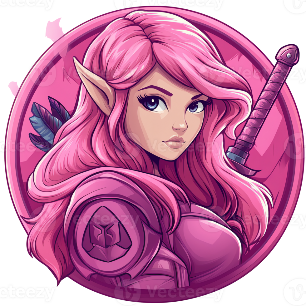 Pink haired elf warrior with rose armor and bow illustration on transparent background png