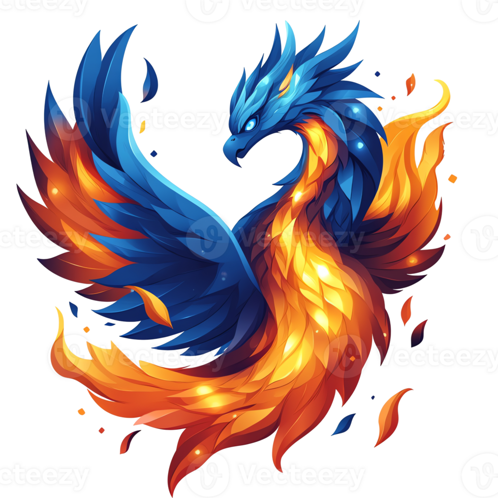 Majestic fiery blue dragon with wings of fire on transparent background a fantasy illustration png