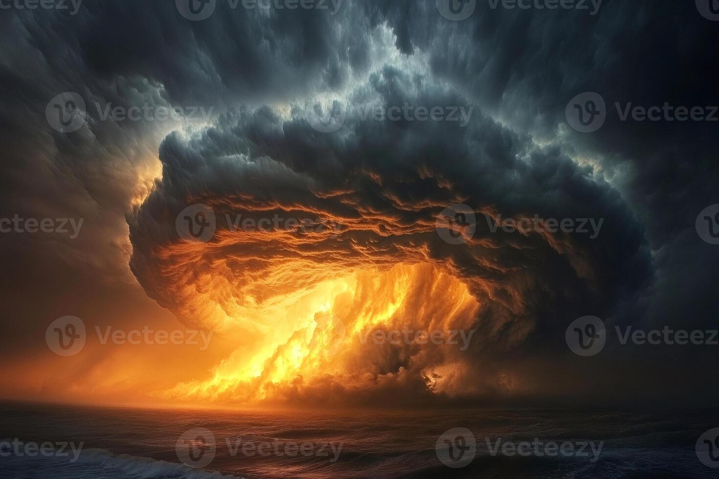 Dramatic burning sky over stormy ocean at sunset photo