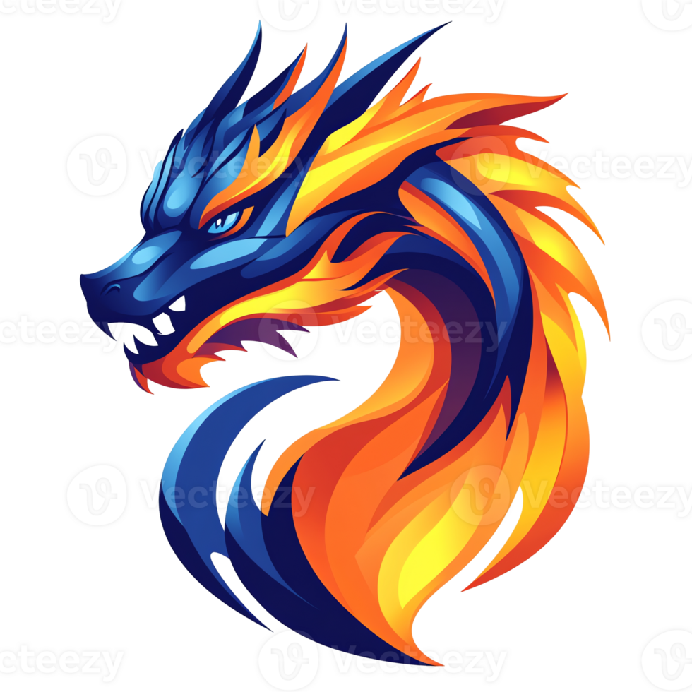 Fiery blue and orange dragon design a stunning mythical creature illustration on transparent background png