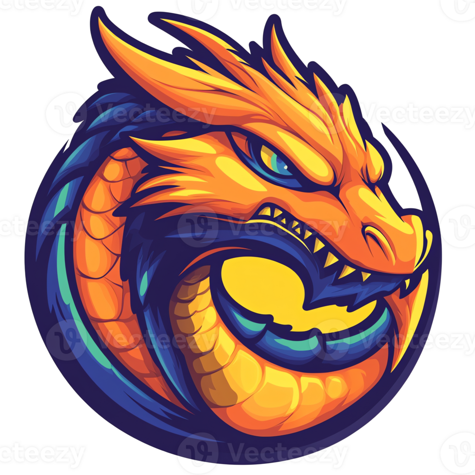 Circular dragon emblem in gold and blue on transparent background png