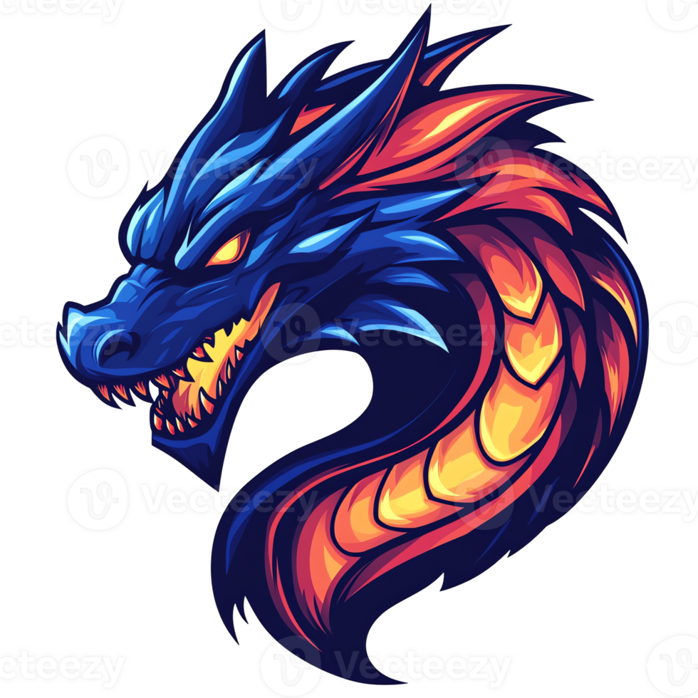 Majestic blue and orange dragon with fiery accents on transparent background png