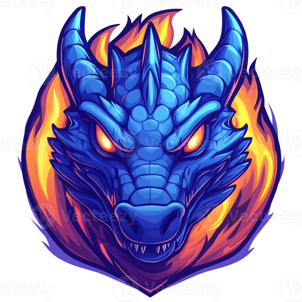 Fierce blue dragon head with flames on transparent background fantasy art png