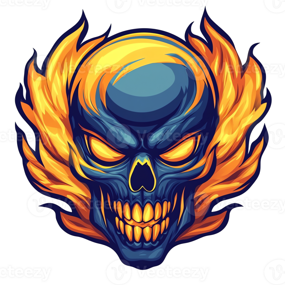 Fiery skull emblem with orange flames and glowing eyes on transparent background png