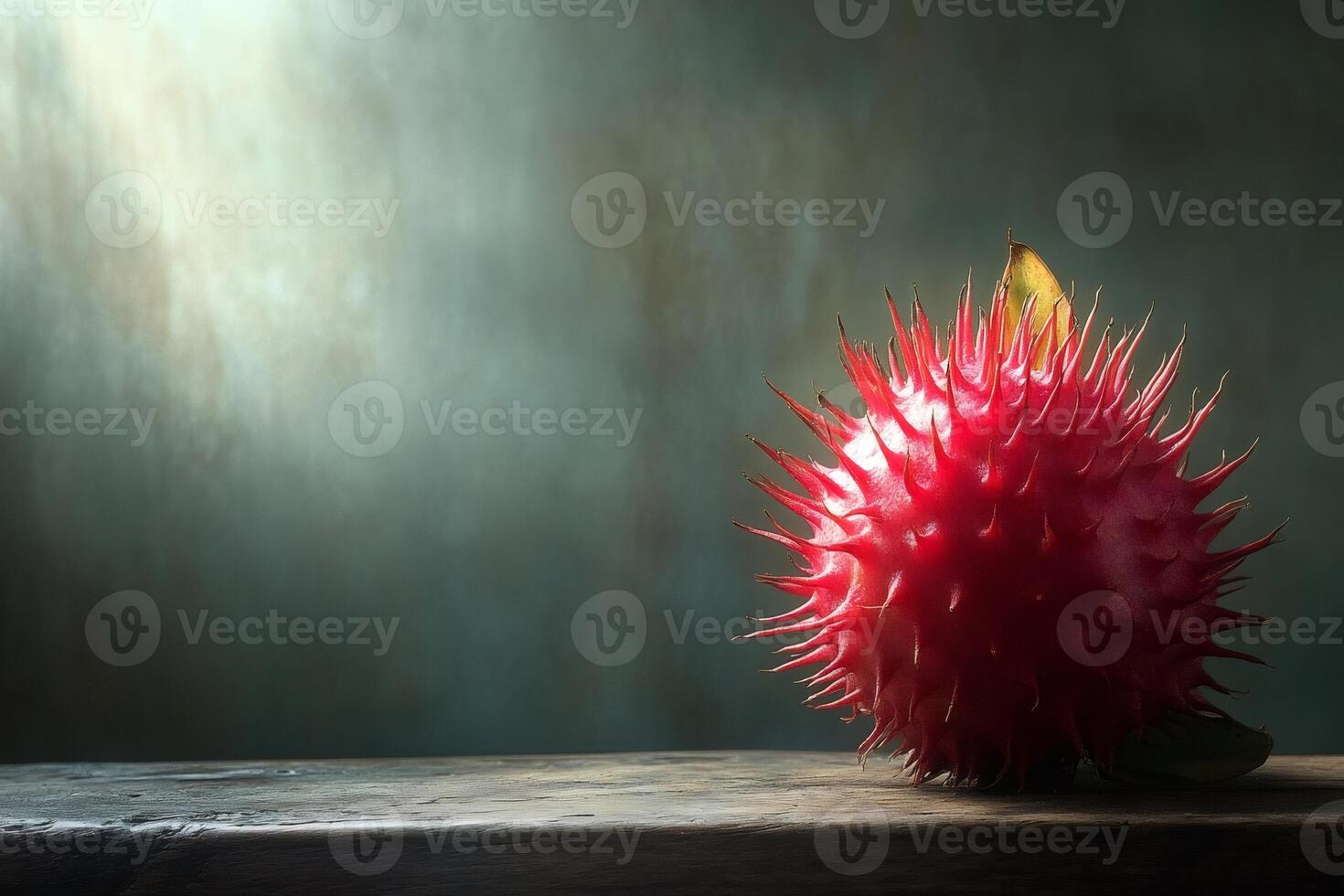 Red castor bean resting on rustic wooden table in soft light photo