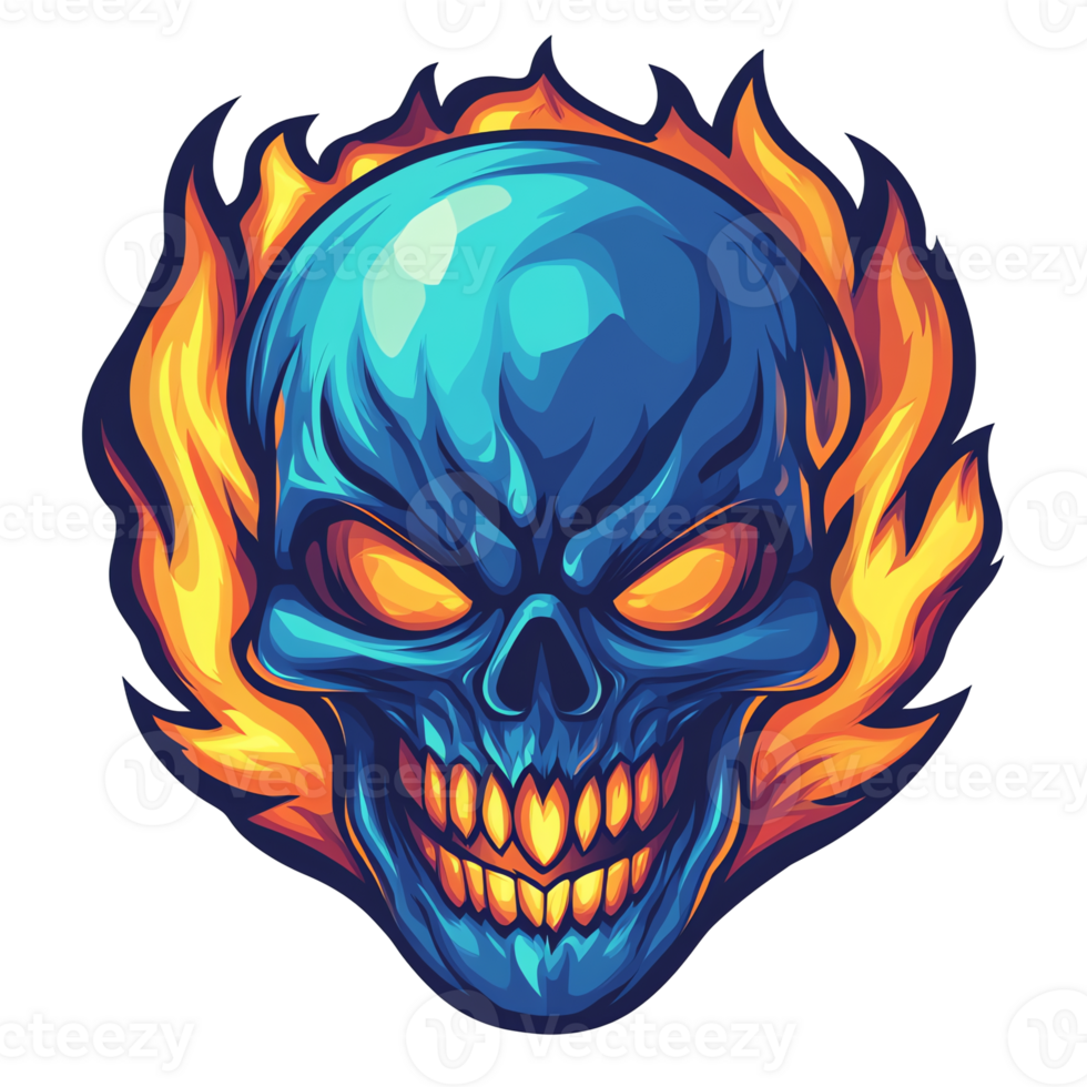 Flaming blue skull grinning illustration with glowing orange eyes on transparent background png
