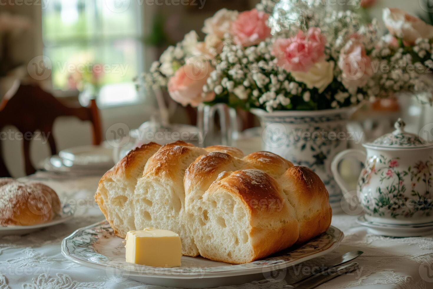 Freshly baked homemade bread with butter, served on elegant dining table with flowers photo