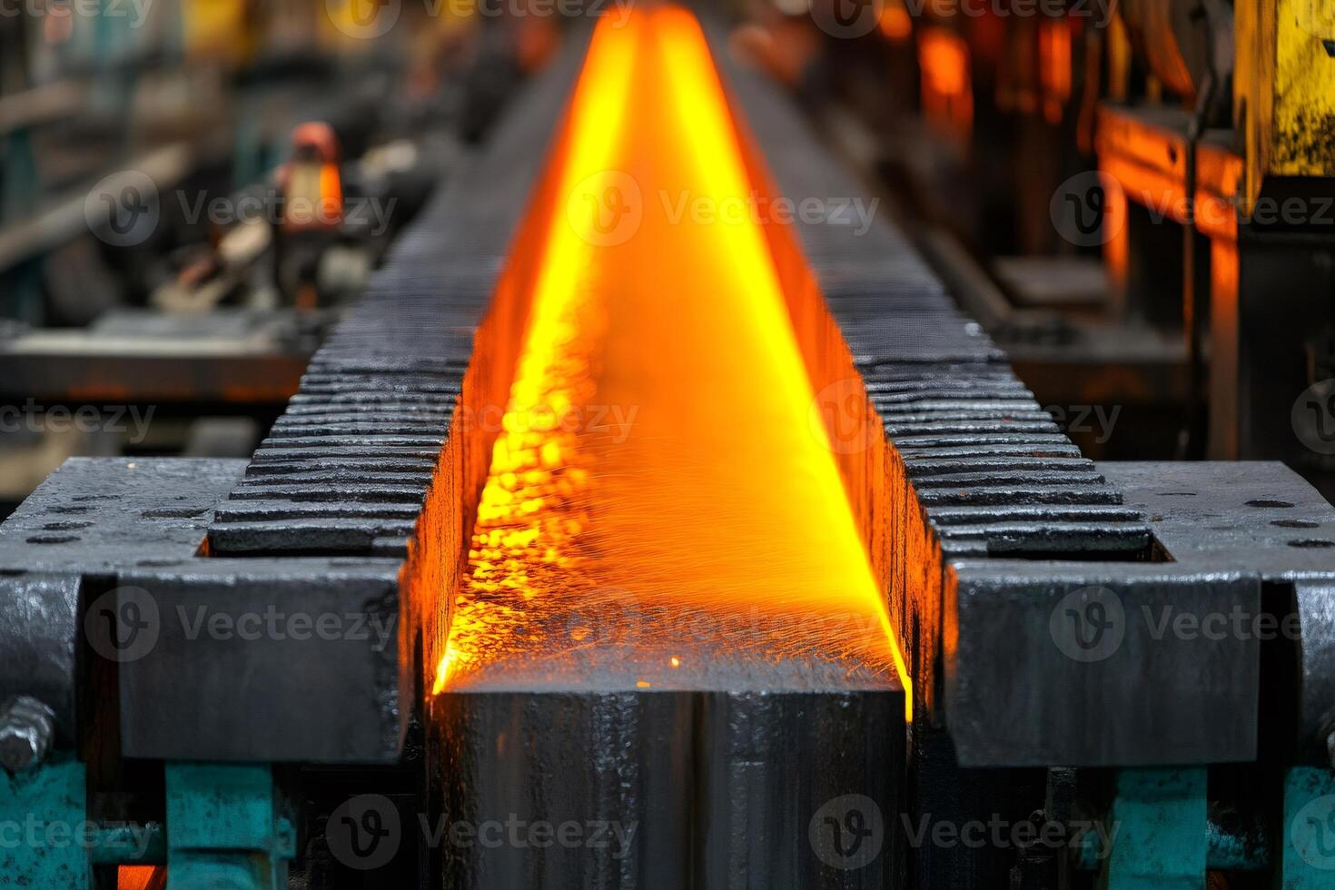 Hot slab of steel going through a rolling mill in a steelmaking factory photo