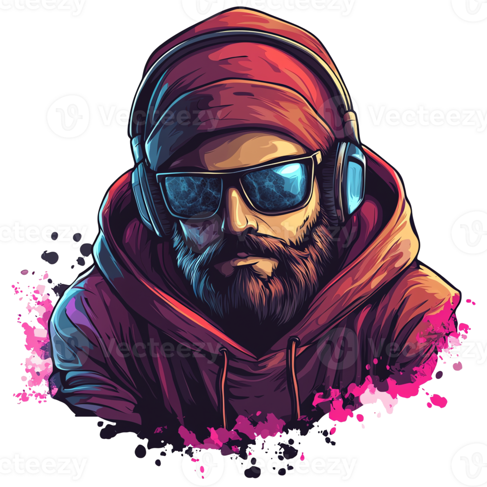 Stylish bearded man in headphones and sunglasses on transparent background png