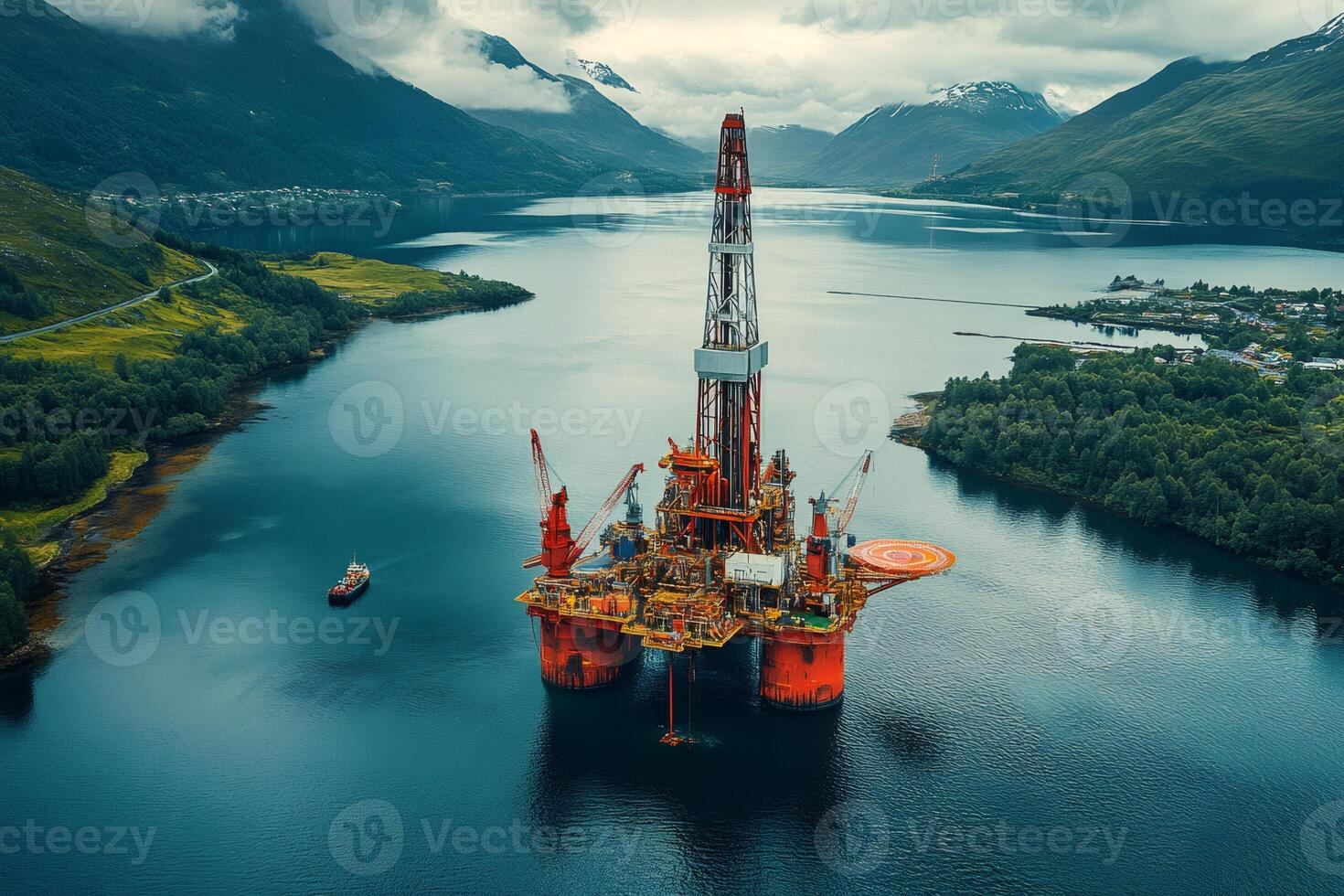 Oil rig extracting petroleum in norwegian fjord with cloudy sky above photo