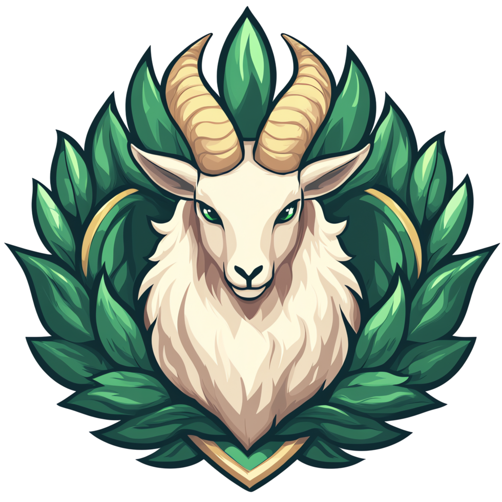 Majestic white goat emblem with emerald green leaves on transparent background png