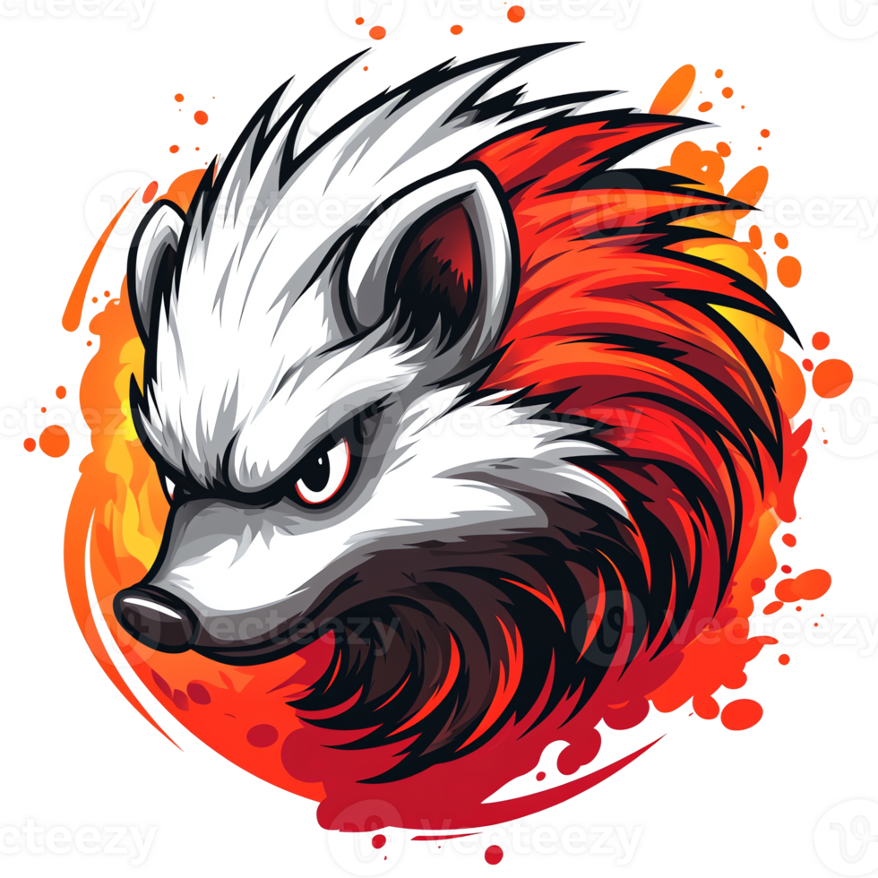 Fierce stylized fox head in a ring of fire on transparent background png