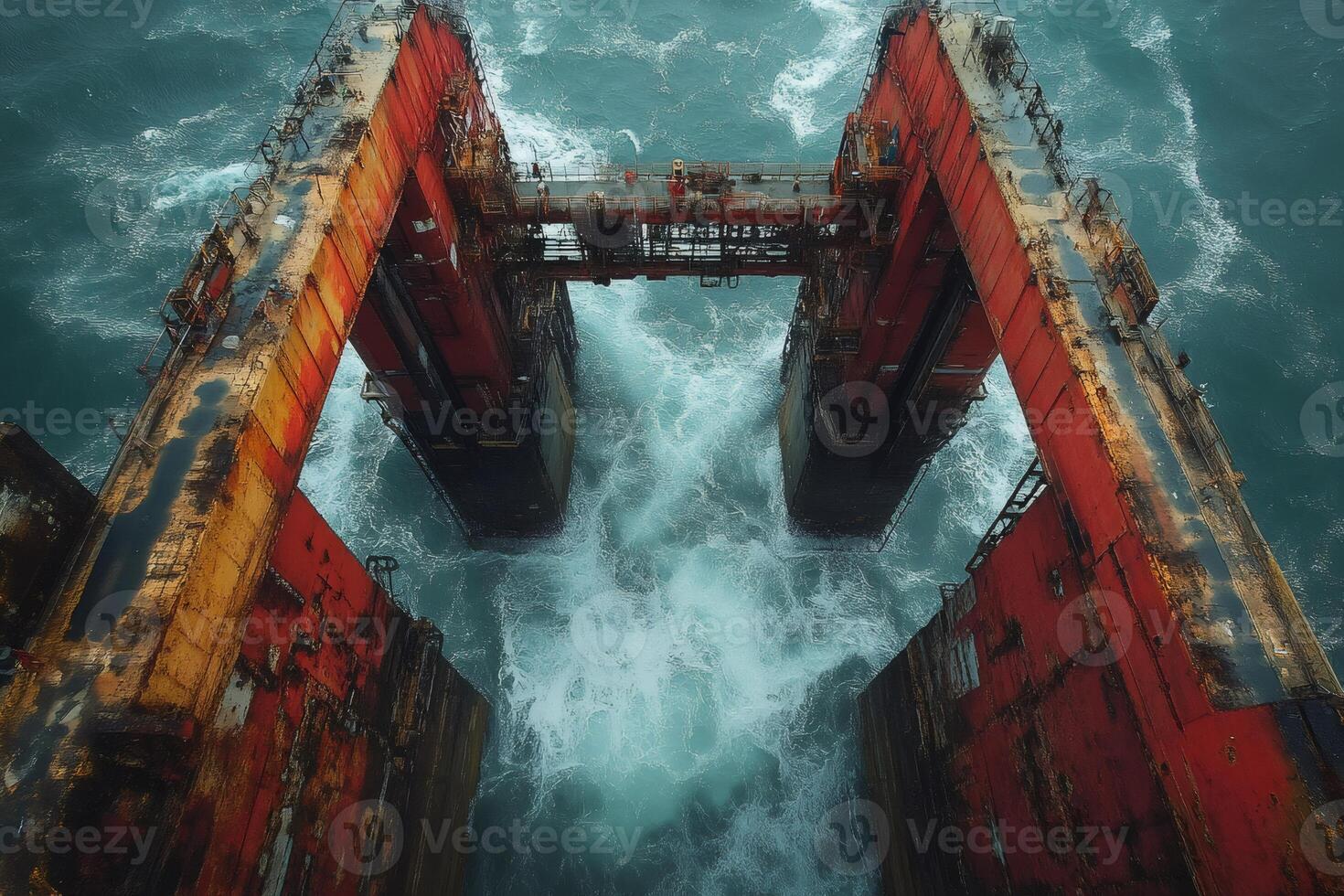 Rusty abandoned offshore oil rig platform surrounded by rough sea photo