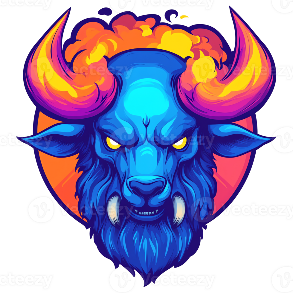 Fiery blue bull mascot with fiery horns on transparent background for versatile design projects png