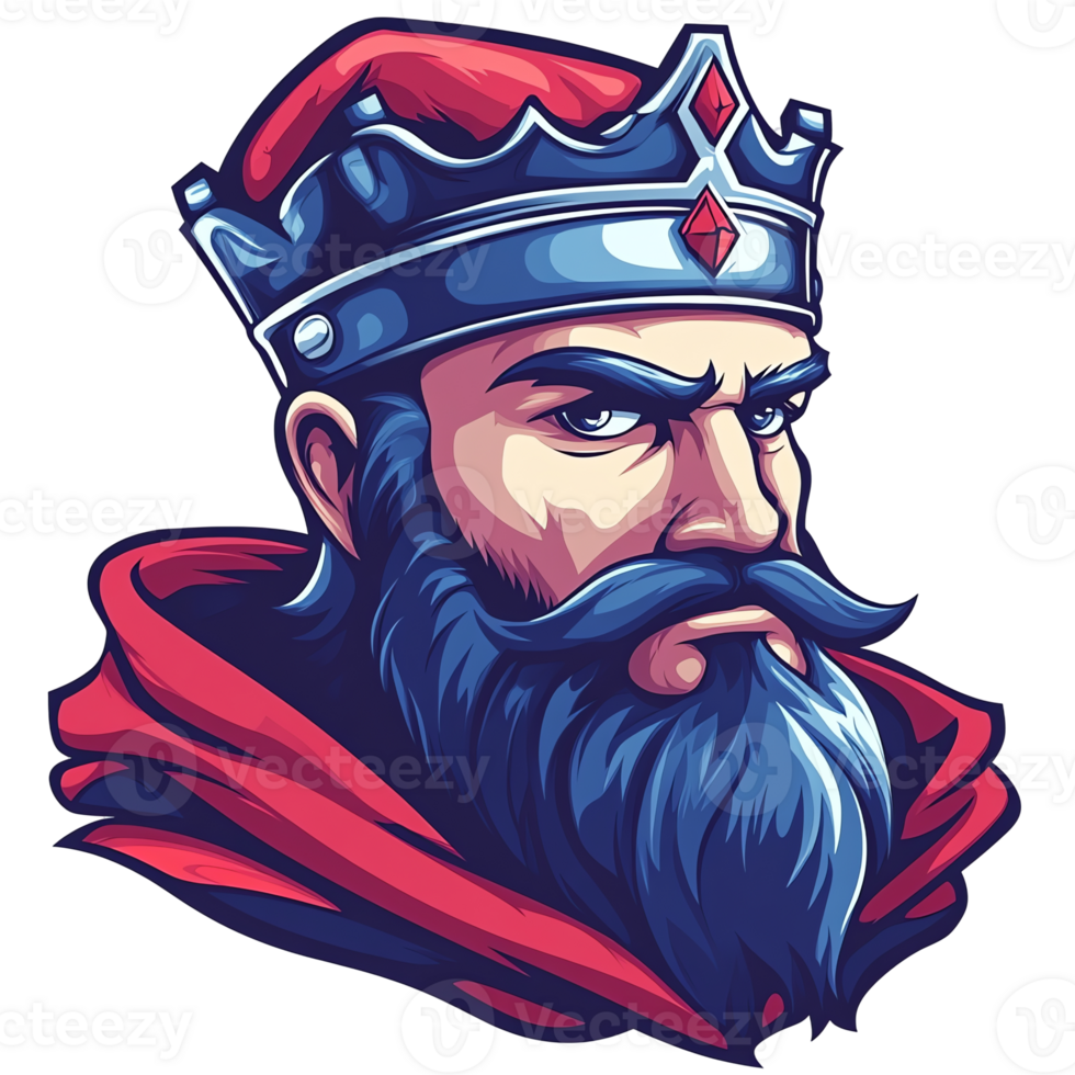 Portrait of a stern king with red crown and beard on a transparent background with digital art style png