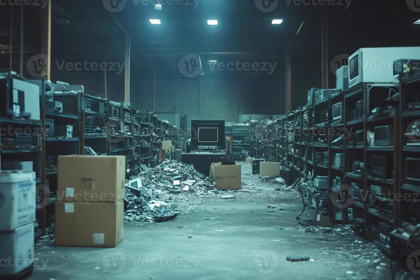Abandoned electronics warehouse filled with obsolete technology and cardboard boxes photo