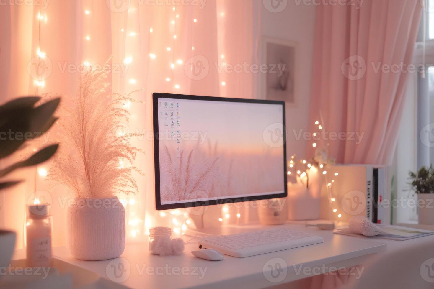 Cozy pink home office setup with fairy lights creating warm atmosphere photo
