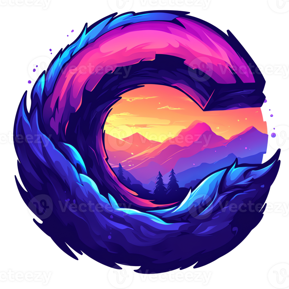 Encapsulated landscape a vibrant sunset scene within a stylized letter c on transparent background png
