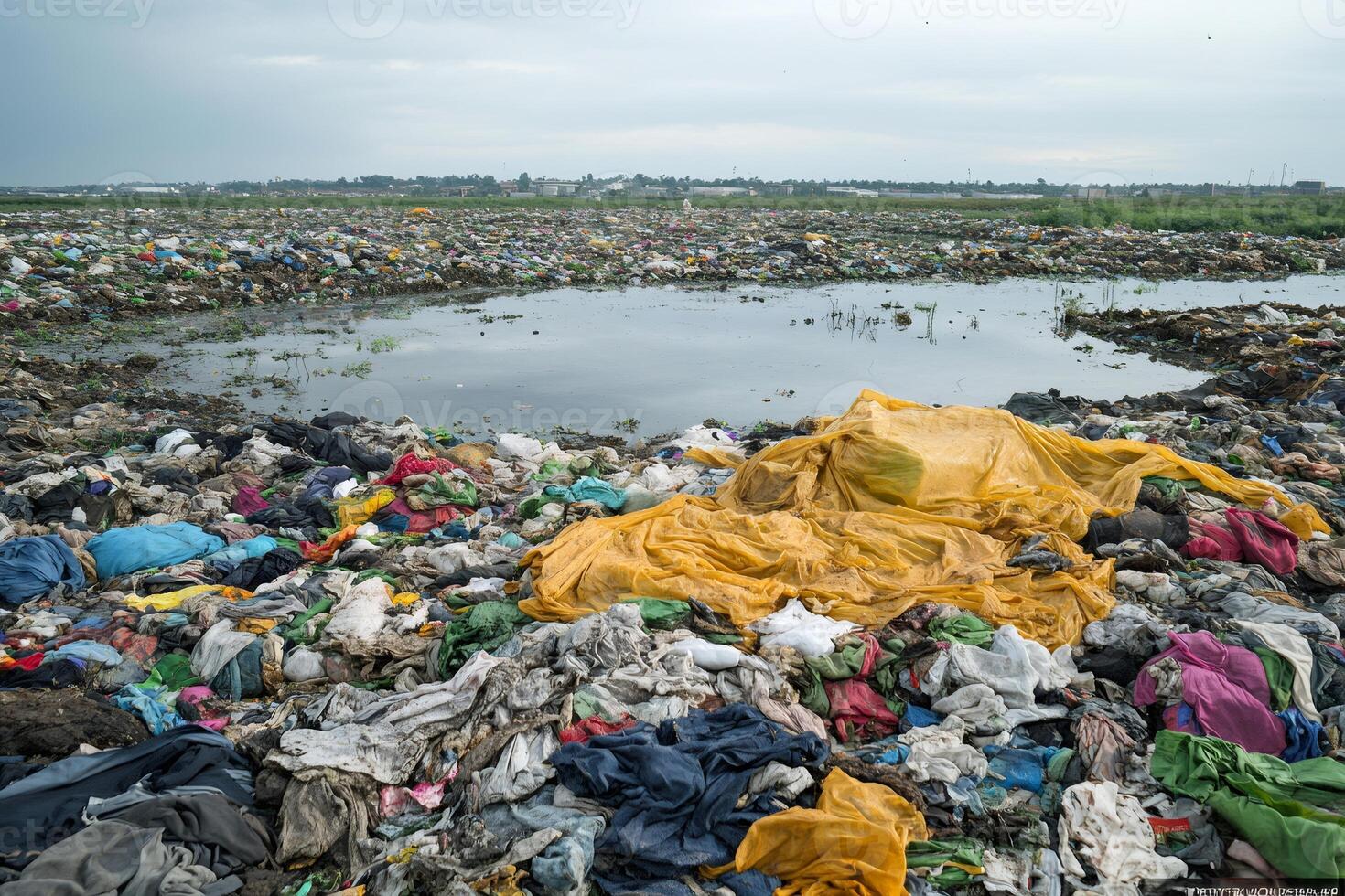 Landfill site polluting water with plastic and textile waste photo