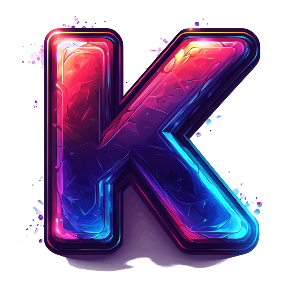 Stylish neon letter k with vibrant colors on transparent background for modern design projects png