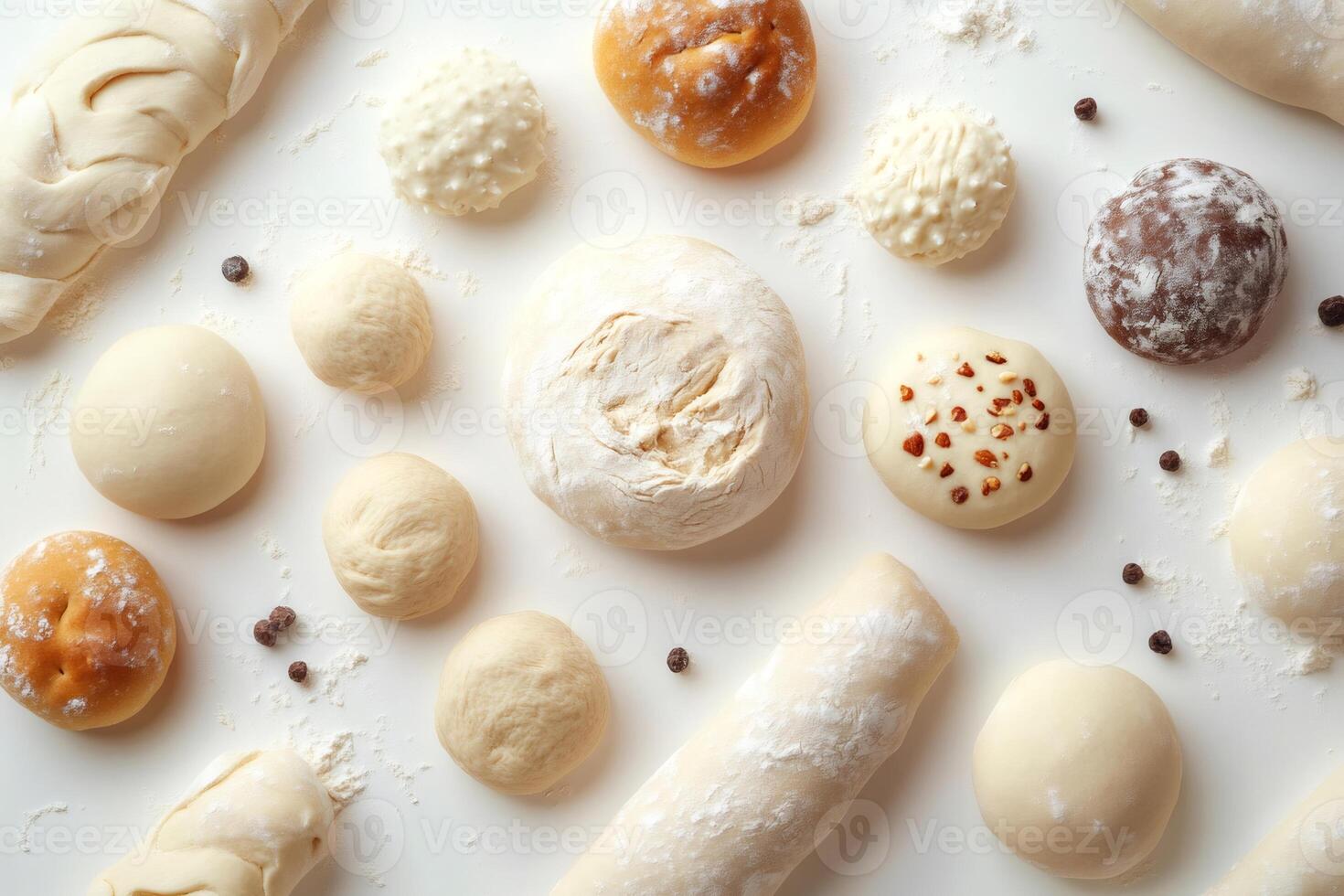 Baker kneading dough and preparing bread, top view of variety of bread dough photo