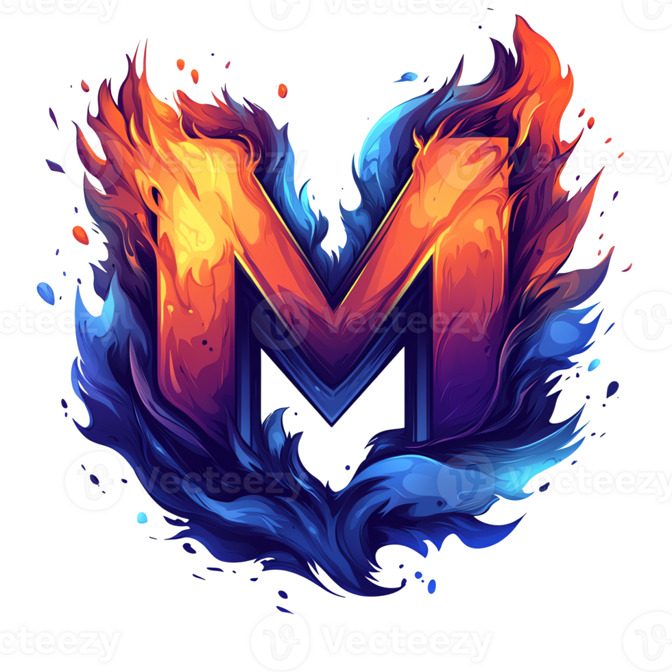 Letter m engulfed in blue and orange flames on transparent background a dynamic and abstract design png