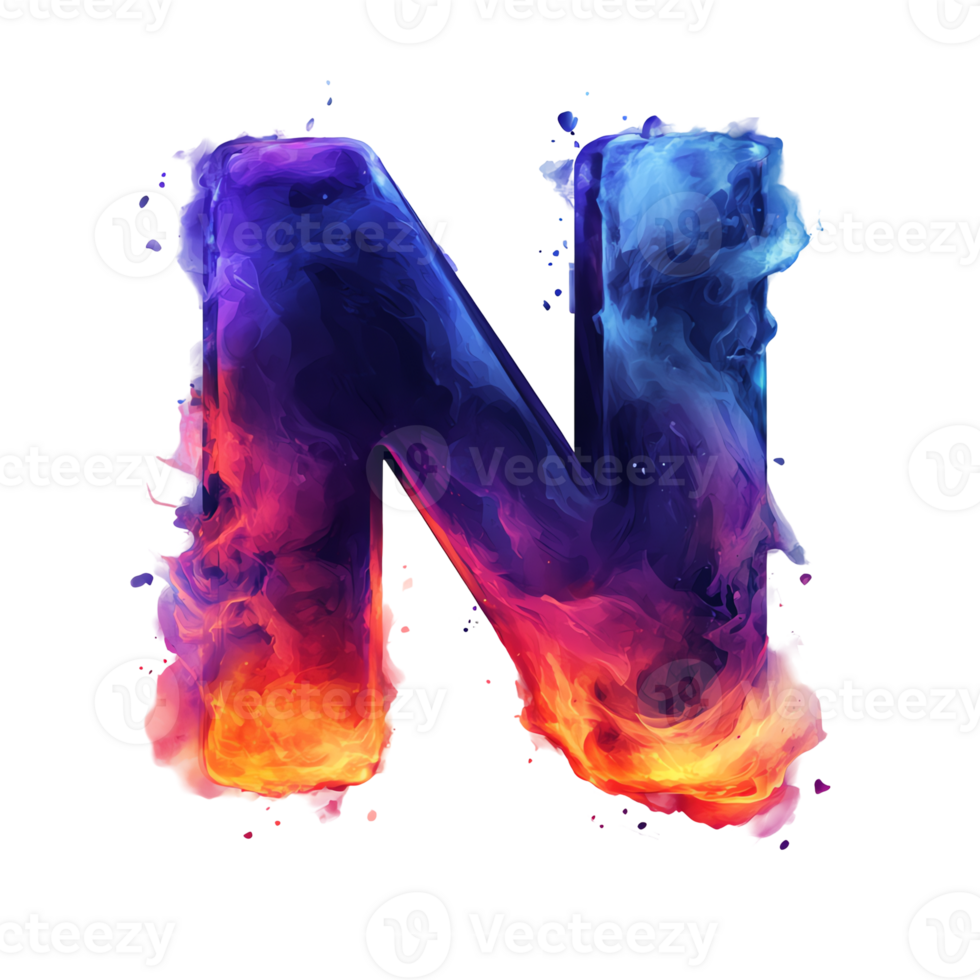 Letter n adorned with colorful smoke on transparent background artistic typography png