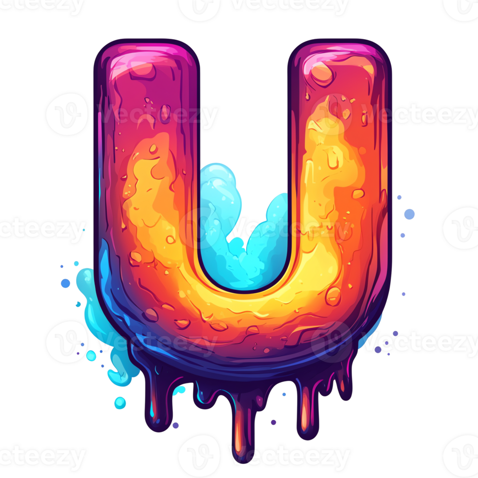 Vibrant dripping letter u design on transparent background a colorful artistic alphabet illustration png