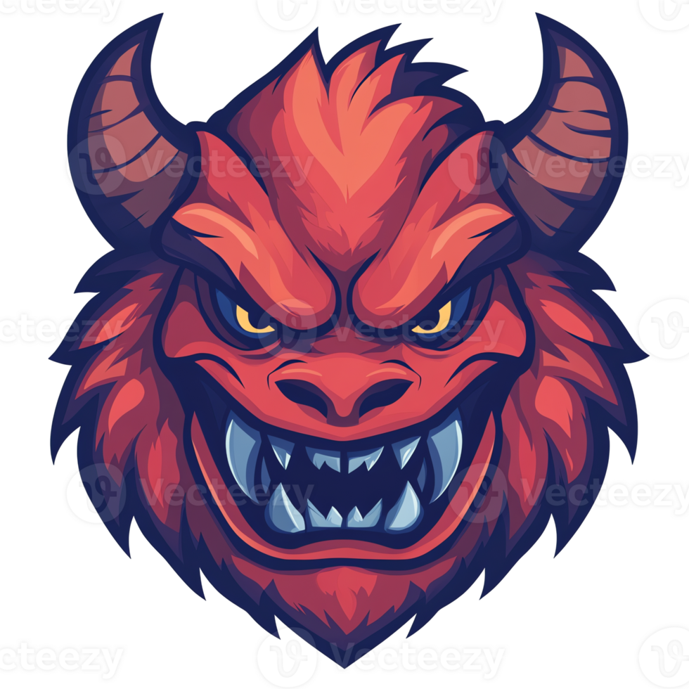 Illustration, Red Monster Head, Horns, Teeth, Angry Expression png