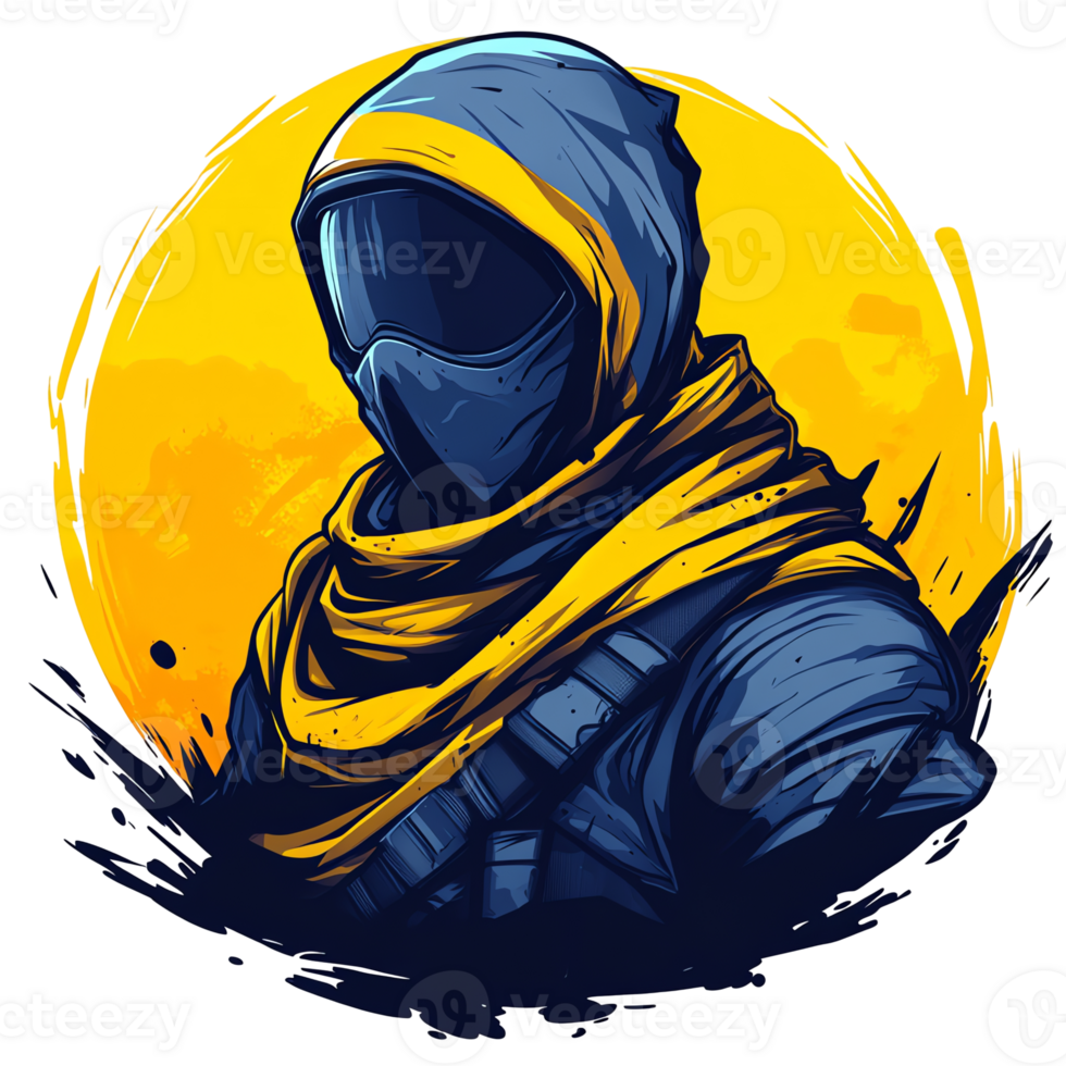 Illustration - Masked Figure in Yellow and Blue with Sun Background png