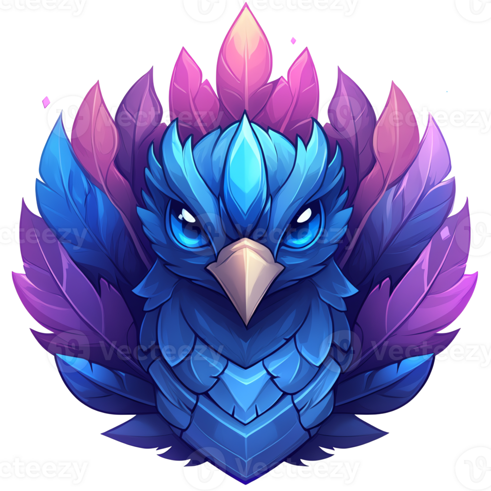Majestic bird emblem with blue and purple feathers on transparent background for creative designs and branding png