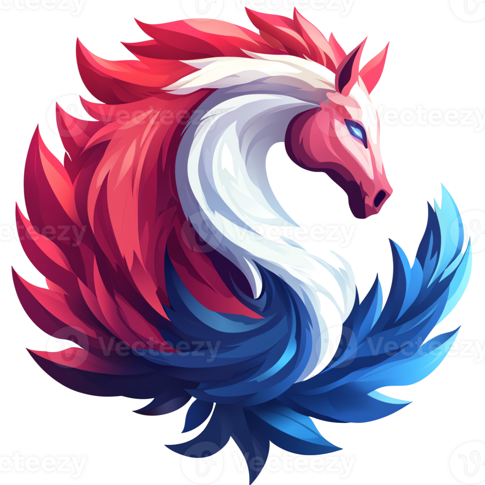 Stylized red white and blue horse emblem with flowing mane on transparent background independence day symbol png
