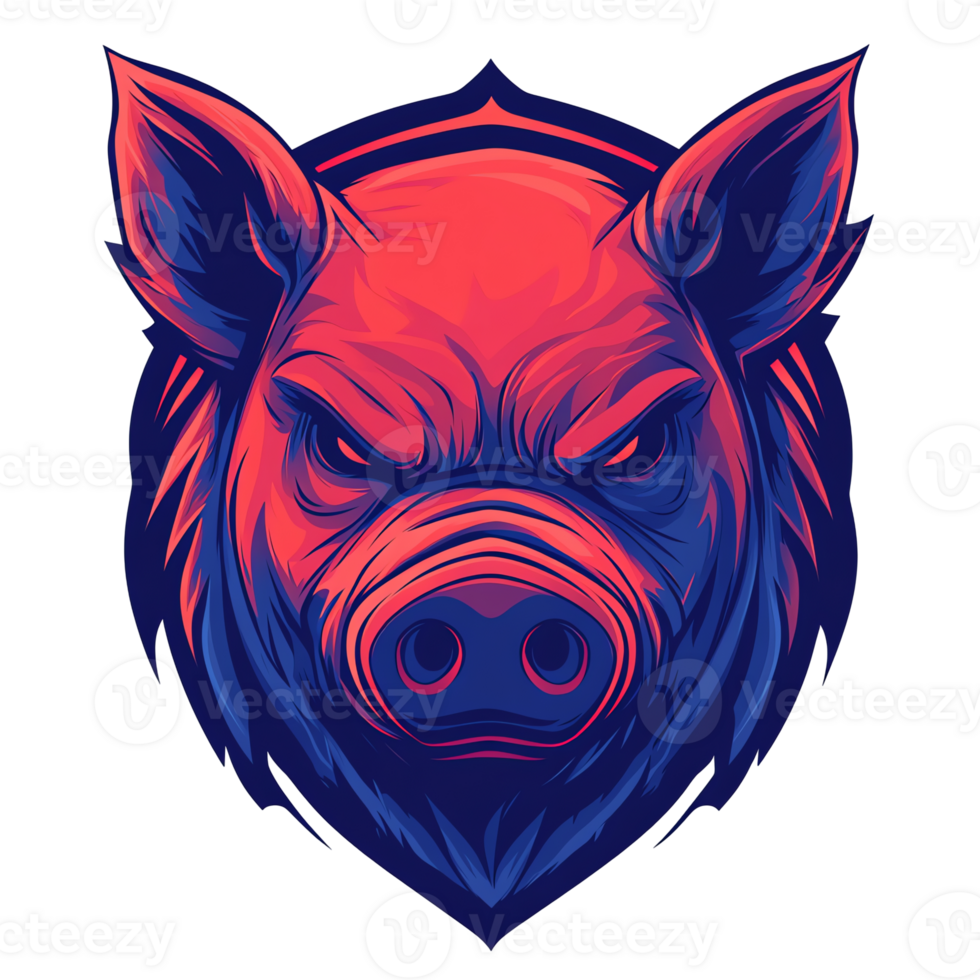 Fierce pig head illustration with glowing red and blue colors on transparent background png