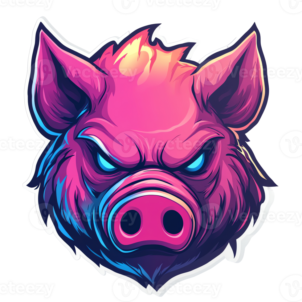 Fierce pink pig with glowing blue eyes on transparent background a illustration png