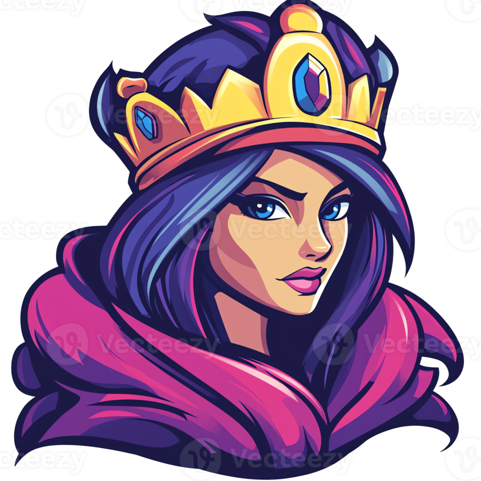 Queen with golden crown and purple hair on transparent background regal portrait design png