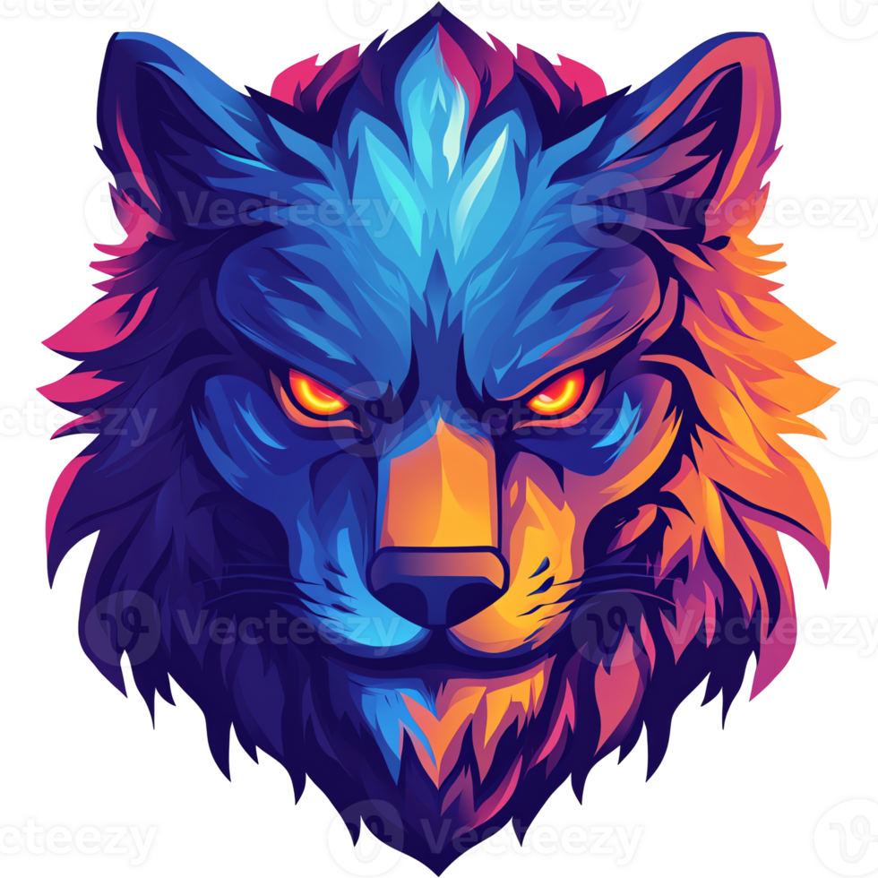 Neon wolf head with glowing eyes on transparent background striking abstract design png