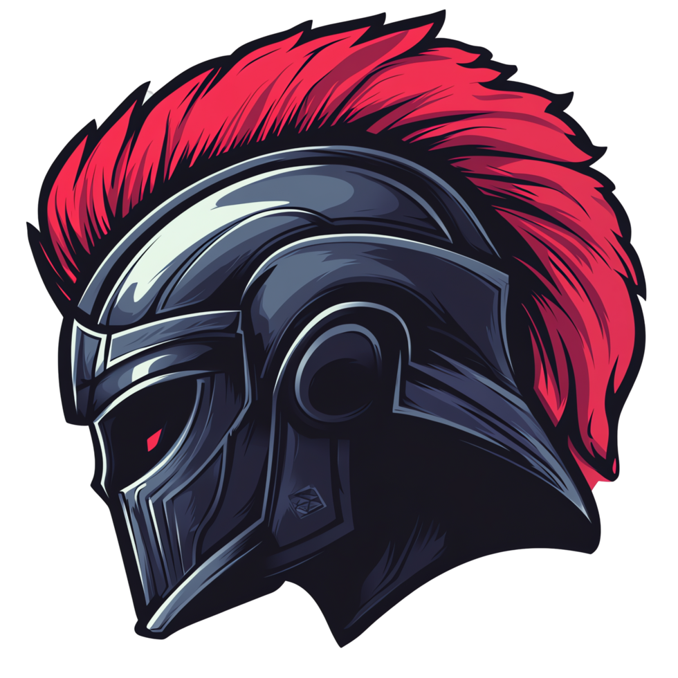 Fierce roman warrior helmet logo with red mohawk on transparent background png