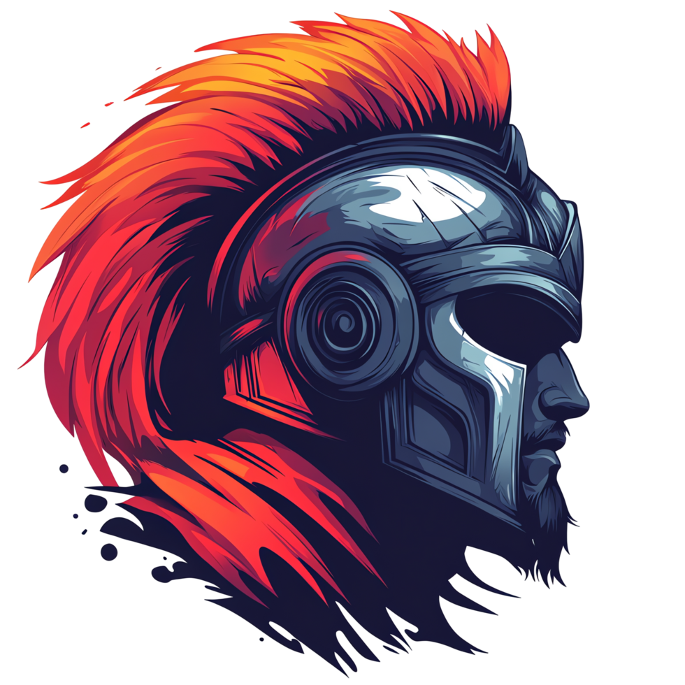 Fiery roman warrior helmet side profile illustration on transparent background depicting strength and valor png