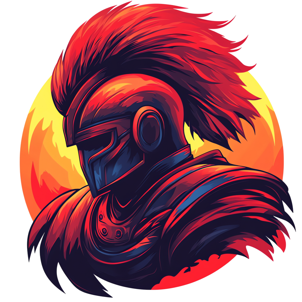 Abstract digital painting of a gladiator with red orange and blue tones on a transparent background png